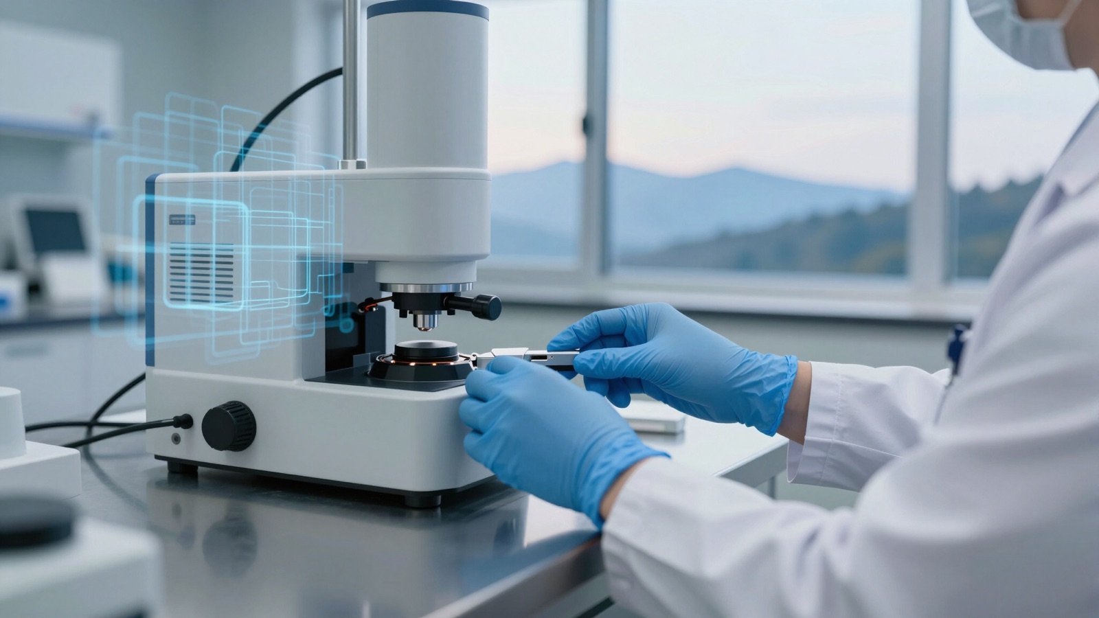 A researcher operating advanced laboratory analytics equipment