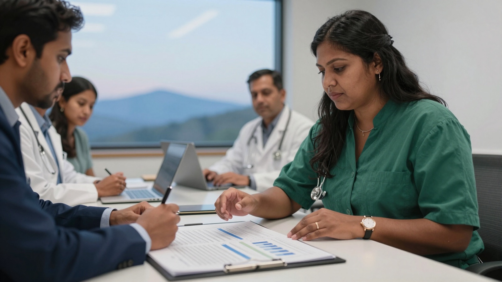 A clinical team reviewing study documents together