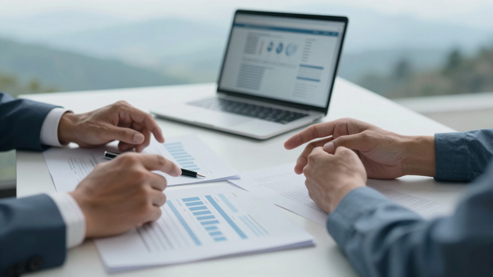 Reviewers comparing regulatory charts beside a laptop