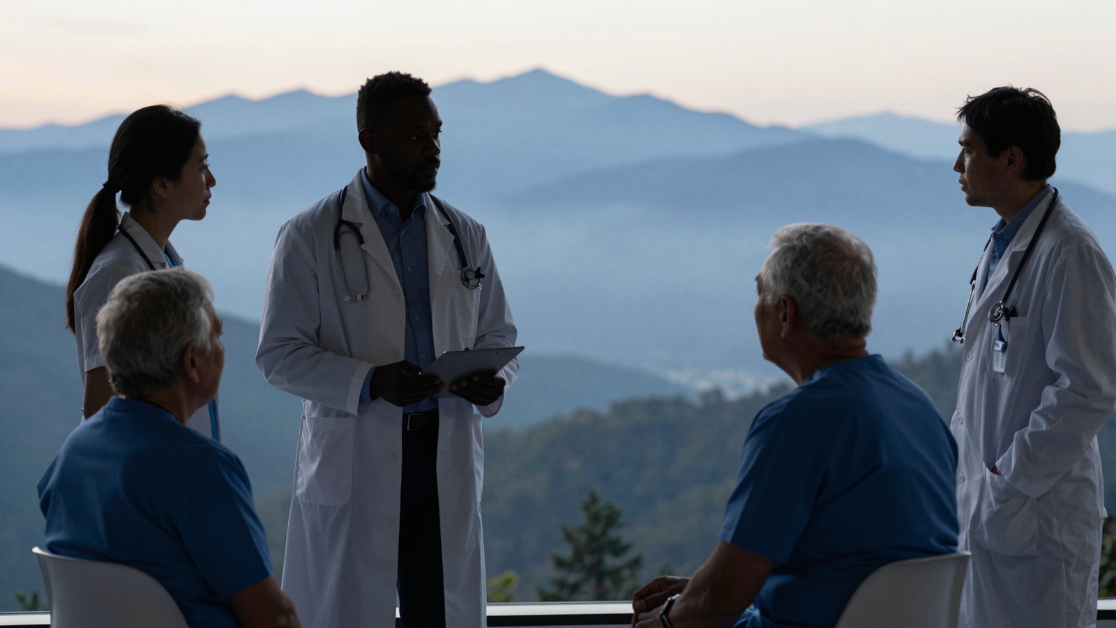 Clinicians in discussion with the Blue Ridge Mountains behind them