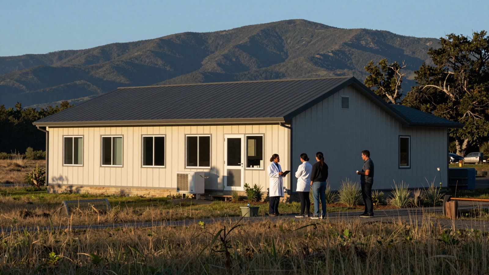 A rural clinic building with staff gathered outside at dusk