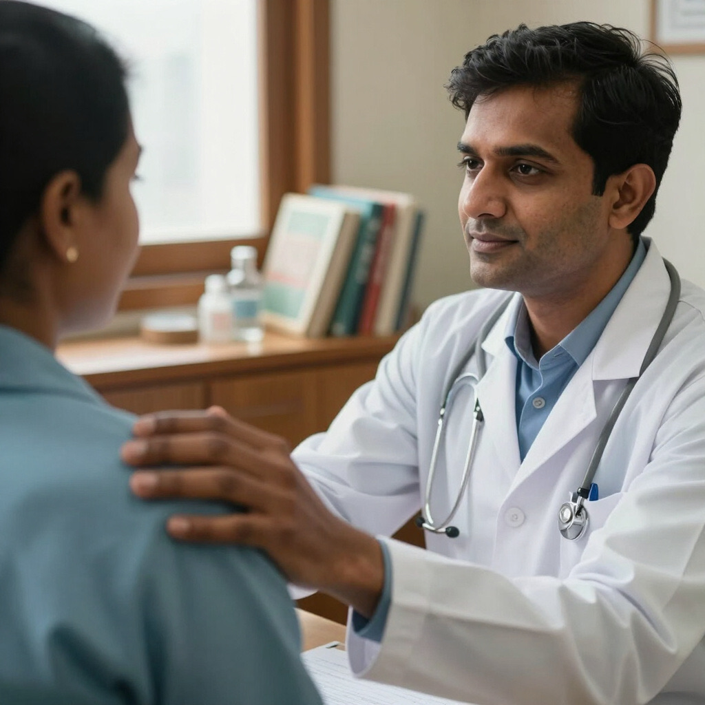 A local physician reassuring a patient during an office visit