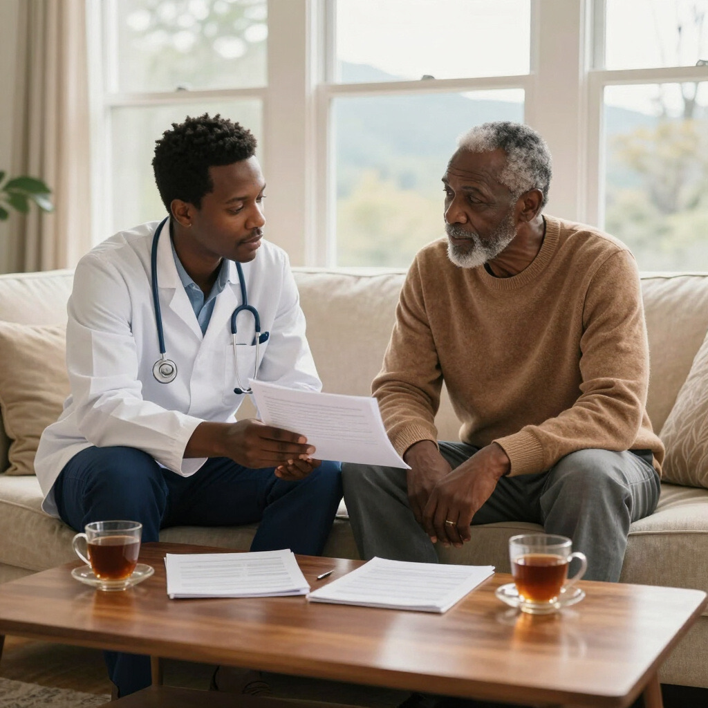 A physician reviewing consent documents with a patient at home